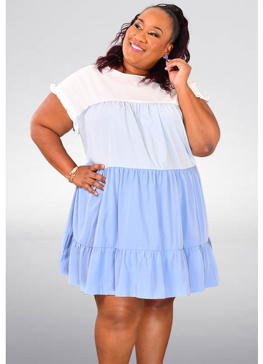 ARIA KLITY- Plus Size 2 Tone Round Neck Frill Sleeve Dress