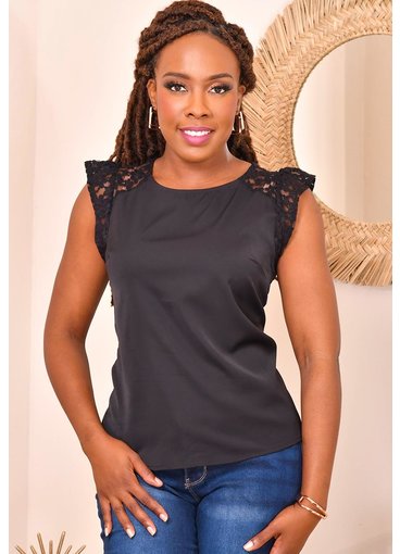 GETS VENKA- Round Neck Lace Shoulder Top