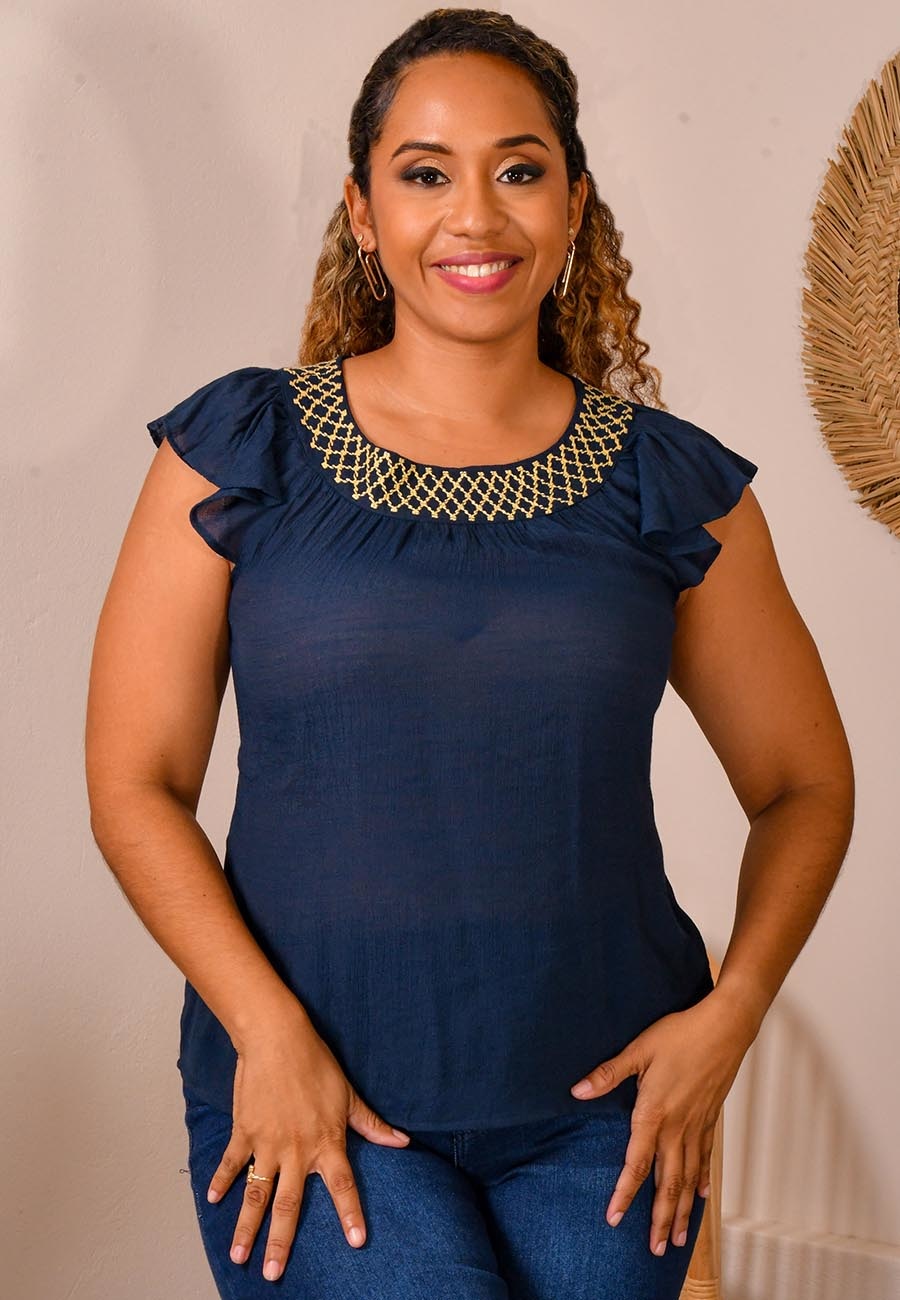 VIBOL- Stitched Pattern Cap Sleeve Top - Harmonygirl.com