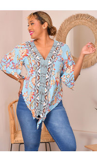 LOLA P VIBY- Printed V Neck Top with Sleeves