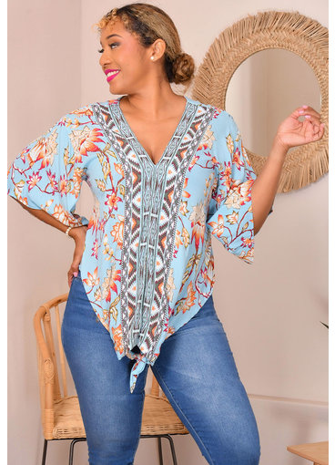 LOLA P VIBY- Printed V Neck Top with Sleeves