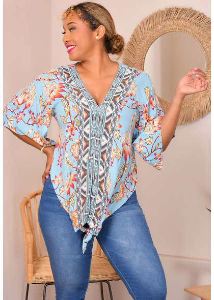 LOLA P VIBY- Printed V Neck Top with Sleeves