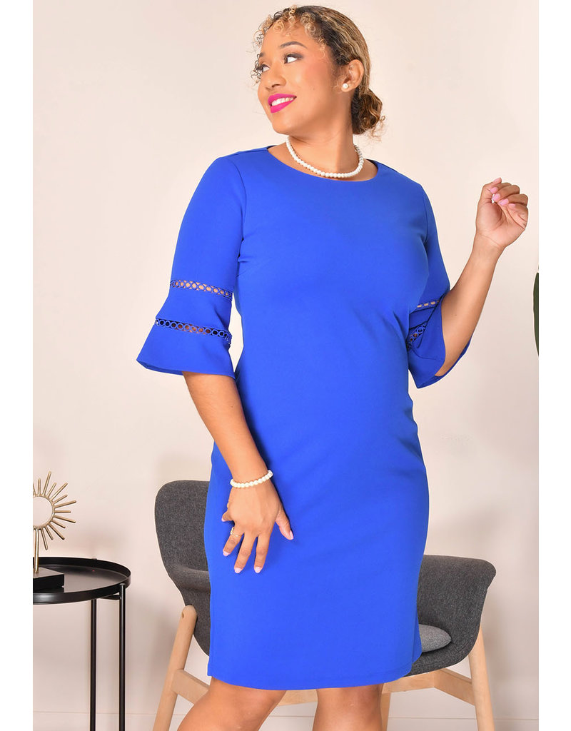 RELANA- Solid Round Neck Bell Sleeve Dress