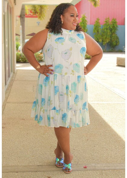 Maison Tara FRETTI- Plus Size Armhole Floral Dress with Frill Neck