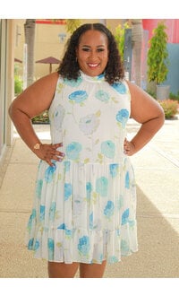 Maison Tara FRETTI- Plus Size Armhole Floral Dress with Frill Neck