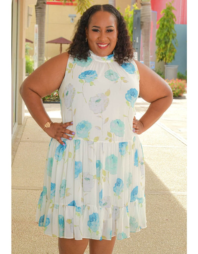 Maison Tara FRETTI- Plus Size Armhole Floral Dress with Frill Neck