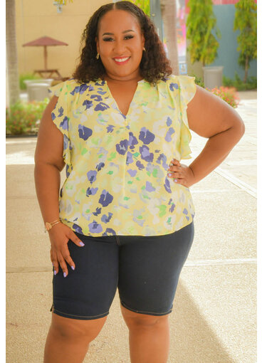 ZAC & RACHEL VIFRAN- Plus Size Printed Frill Arm Top