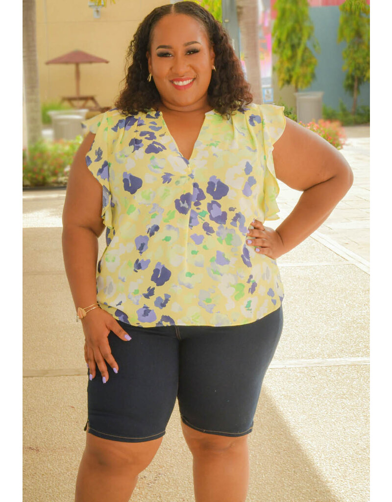 ZAC & RACHEL VIFRAN- Plus Size Printed Frill Arm Top