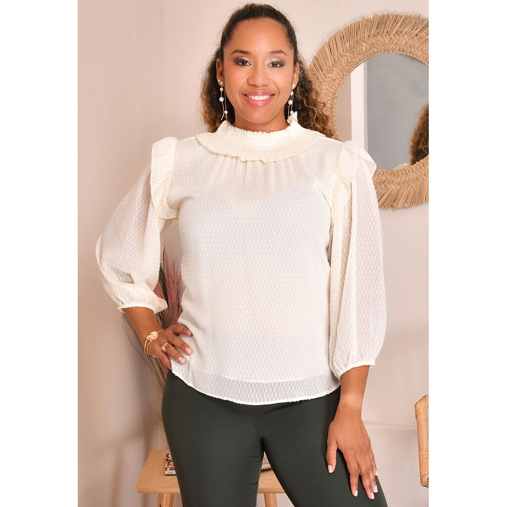 VISION- Elastic Neck Balloon Sleeve Top