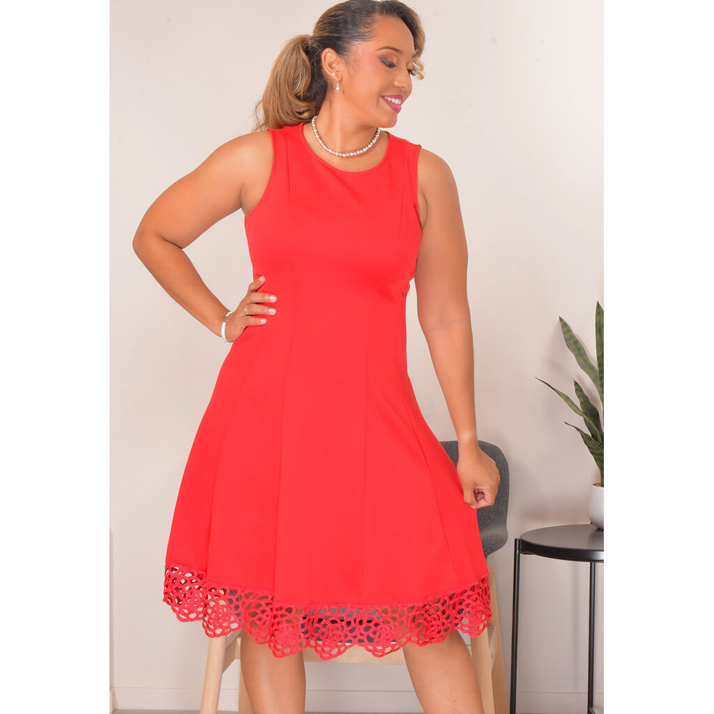UMIRA- Solid Round Neck Dress with Circle Lace Hem