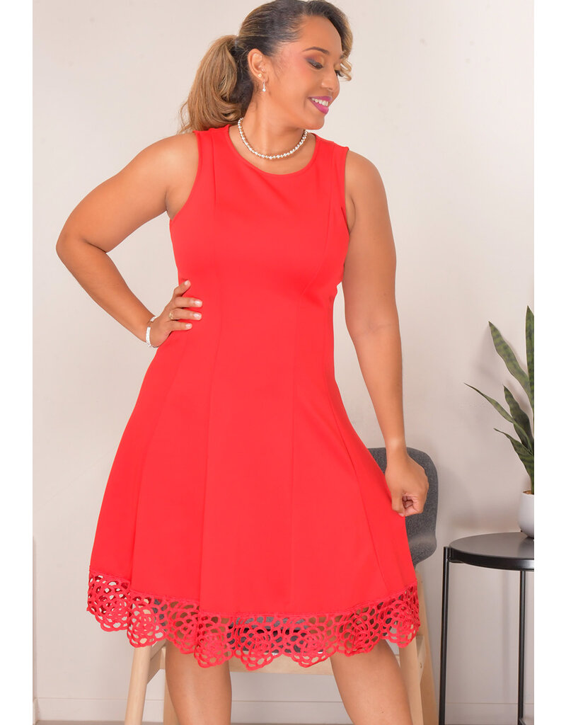 UMIRA- Solid Round Neck Dress with Circle Lace Hem