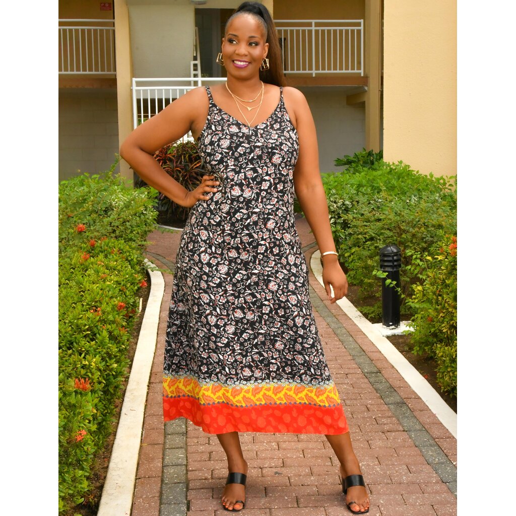KAIRA- Printed Long V Neck Dress