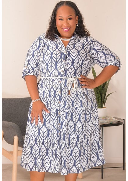 MLLE Gabrielle KAJAH- Plus Size Printed Dress with Rope Band