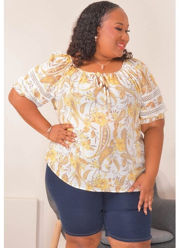 Unique Spectrum VEMO- Plus Size Printed Tie Neck Top