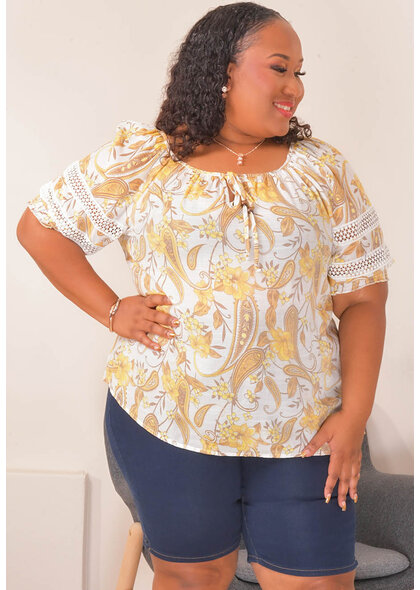 Unique Spectrum VEMO- Plus Size Printed Tie Neck Top