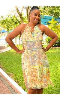 MLLE Gabrielle GARY- Printed Hi-Neck Dress with Keyhole