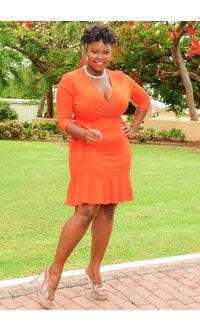 GETS OLANO-Plus Size Solid 3/4 Sleeve Dress with Frill Hem