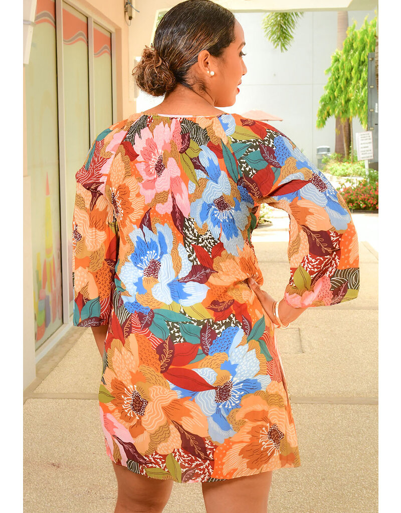NINETY CLOTHING RIYO- Printed 3/4 Sleeve Dress with Keyhole