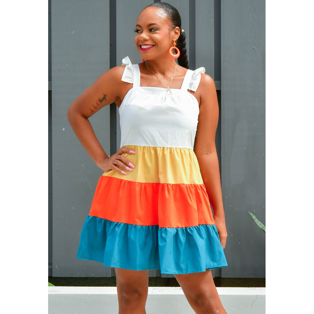 OQUIN- Frill Straps Dress With Colour Block Bottom