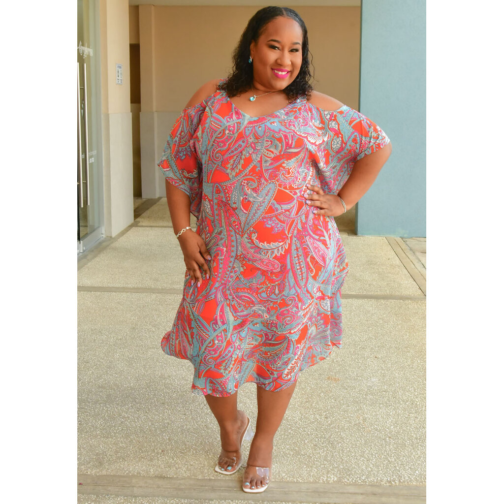 KIJIO- Plus Size Printed Cold Shoulder Dress
