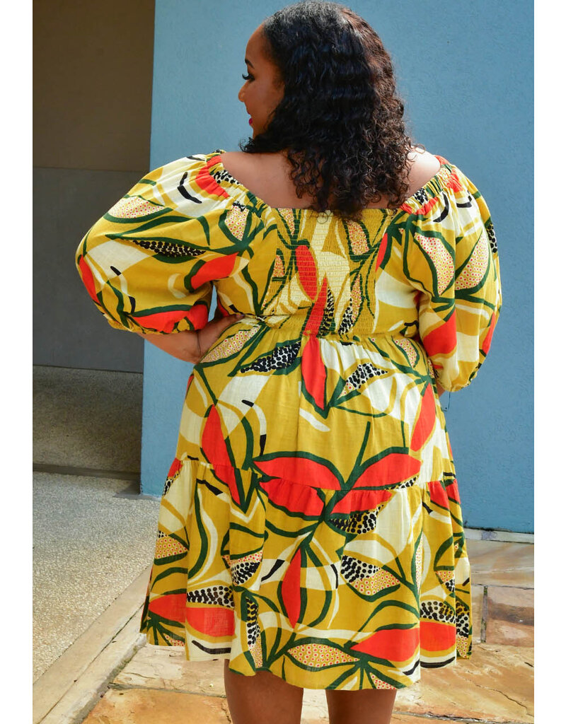 MLLE Gabrielle KOTRON- Plus Size Printed Square Neck Puff Sleeve Dress