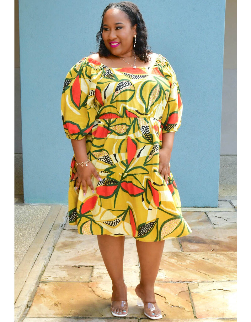 MLLE Gabrielle KOTRON- Plus Size Printed Square Neck Puff Sleeve Dress