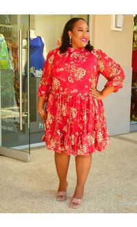 Maison Tara LETTY- Plus Size Floral Hi Neck Balloon Sleeve Dress