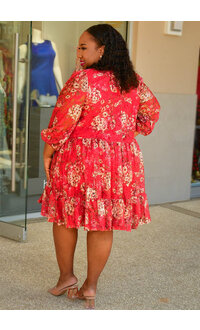 Maison Tara LETTY- Plus Size Floral Hi Neck Balloon Sleeve Dress