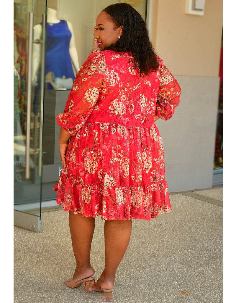 Maison Tara LETTY- Plus Size Floral Hi Neck Balloon Sleeve Dress