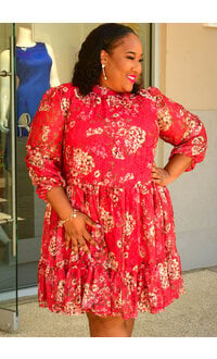 Maison Tara LETTY- Plus Size Floral Hi Neck Balloon Sleeve Dress