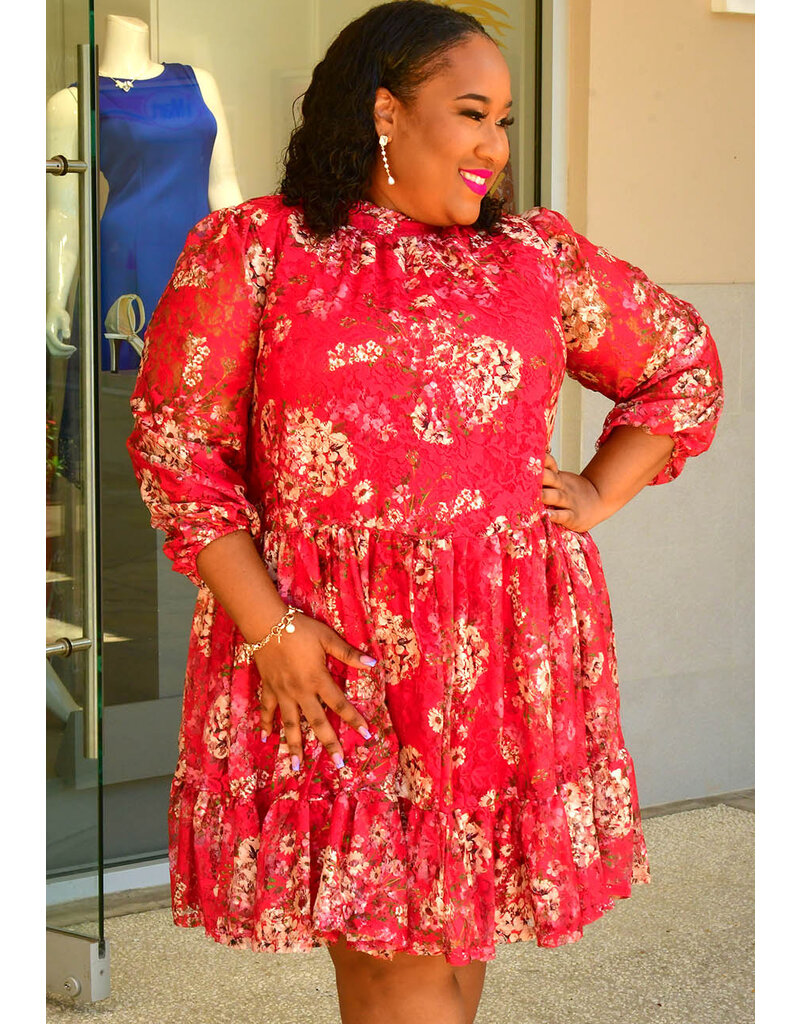 Maison Tara LETTY- Plus Size Floral Hi Neck Balloon Sleeve Dress