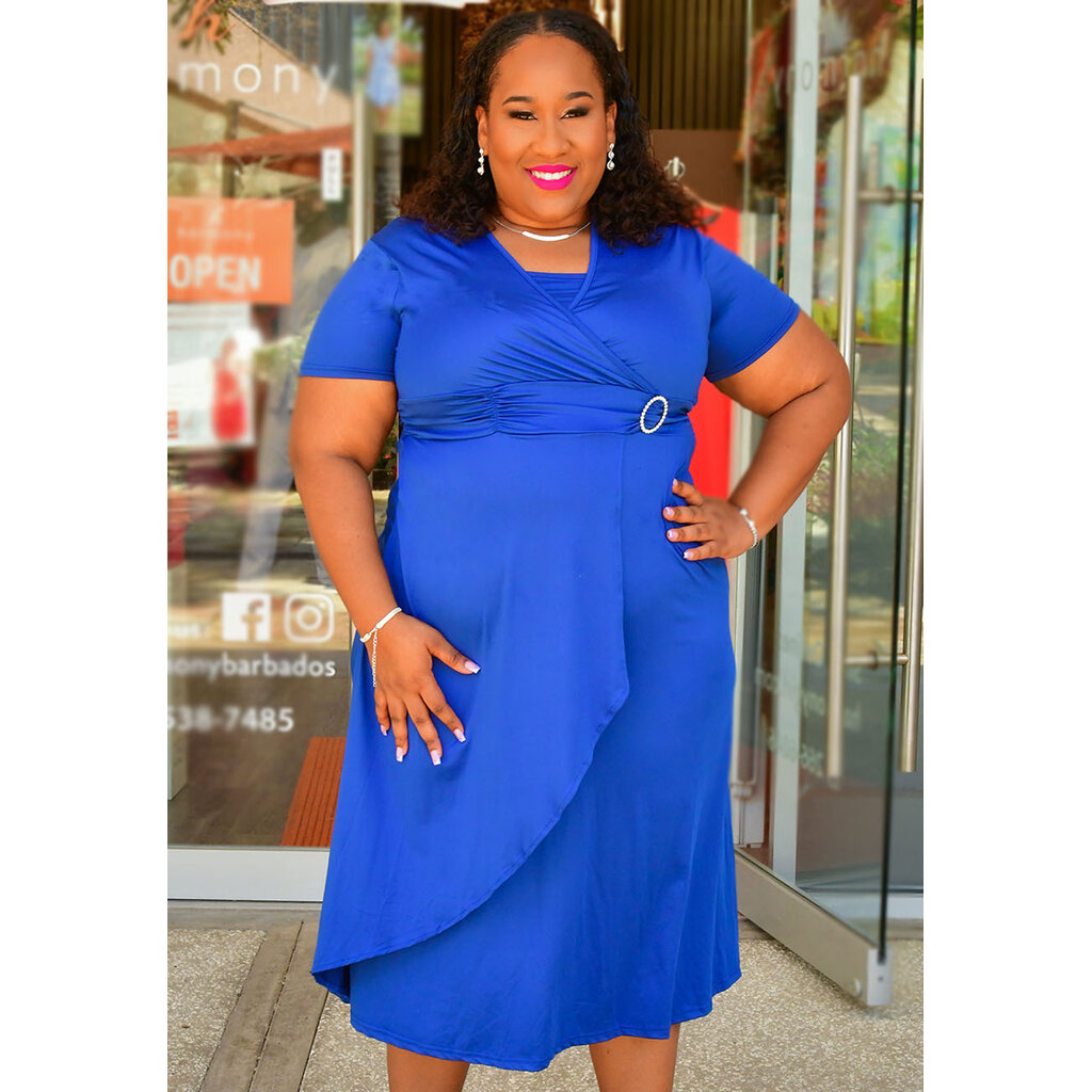 OREA- Solid Short Sleeves Dress with Buckle