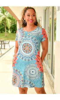 GETS OJIAH- Printed Round Neck Dress with Short Sleeves