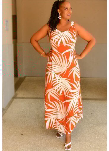 MSK KIQUN- Long PalmPrint Dress with Elastic Straps