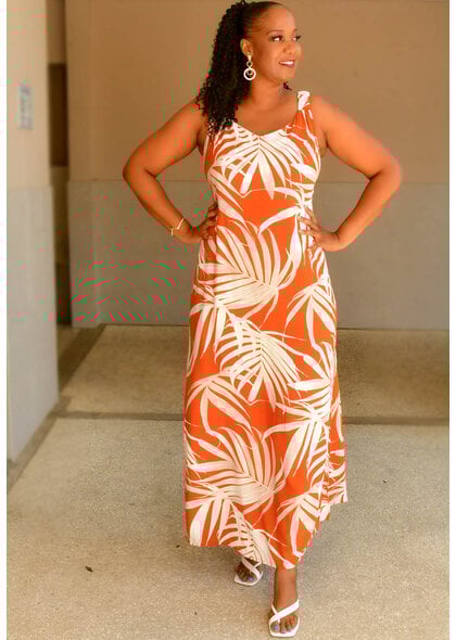 MSK KIQUN- Long PalmPrint Dress with Elastic Straps