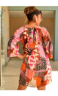 NINETY CLOTHING RITIO- Printed Frill Neck Long Sleeve Dress