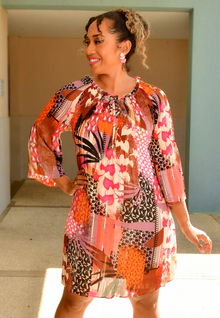 HESIOD FRILL DRESS　the toe RITIO- Printed Frill Neck Long Sleeve Dress - Harmonygirl.com