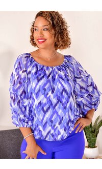 HARPER 241 VALE- Printed Mesh Top with Gather Sleeves