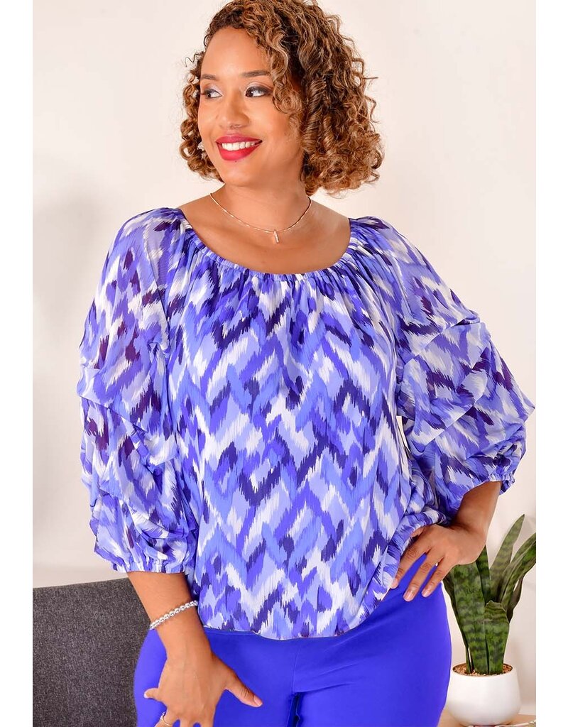 HARPER 241 VALE- Printed Mesh Top with Gather Sleeves