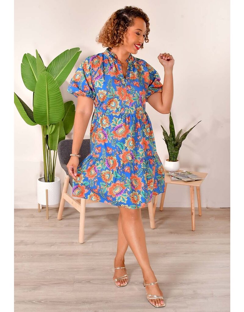 MSK KINNO- Floral Puff Sleeve Dress with Split Neck