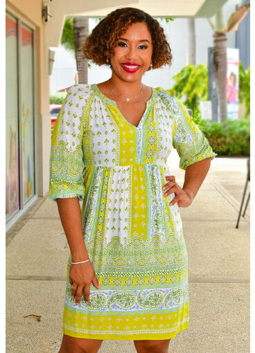 MLLE Gabrielle KINS- Printed V-Neck Dress with Balloon Sleeves