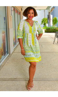 MLLE Gabrielle KINS- Printed V-Neck Dress with Balloon Sleeves