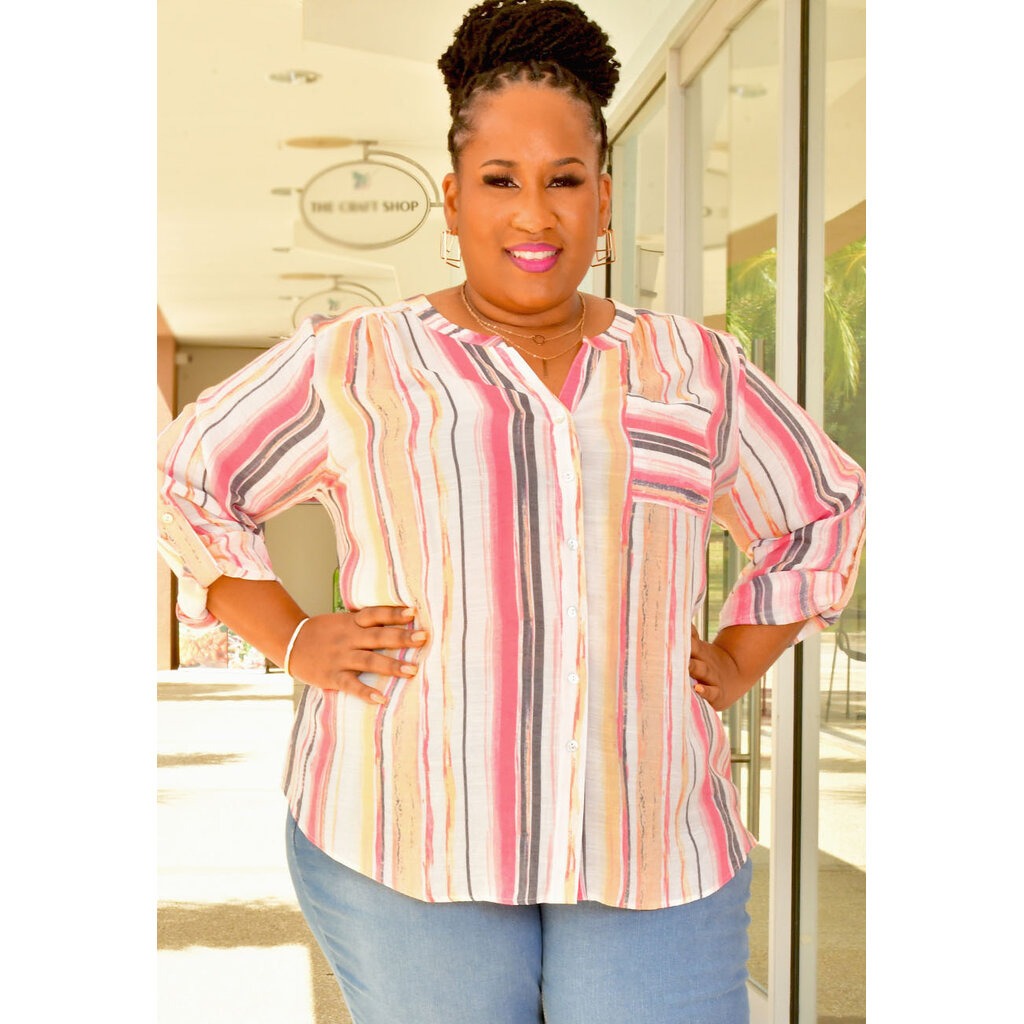 VITO- Plus Size Button Down Stripe Top