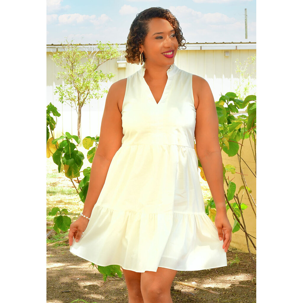 KNOLES- Solid V Neck Frill Neck Dress