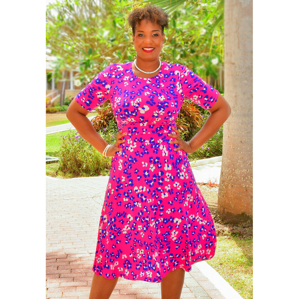 YOUNG- Printed Round Neck 3/4 Sleeve Dress
