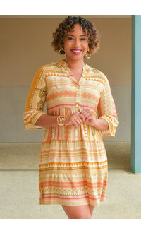 KINA- Printed V Neck Bell 3/4 Sleeve Dress - Harmonygirl.com KINA- Printed V Neck Bell 3/4 Sleeve Dress - Harmonygirl.com