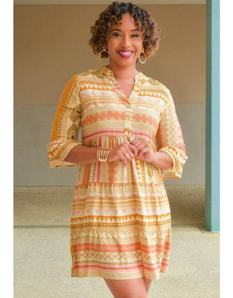 KINA- Printed V Neck Bell 3/4 Sleeve Dress - Harmonygirl.com KINA- Printed V Neck Bell 3/4 Sleeve Dress - Harmonygirl.com