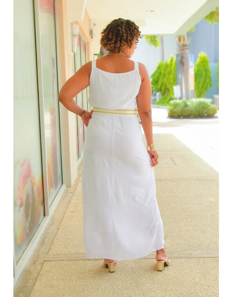 Nina Leonard KITAN- Long Armhole Dress with Embroidered Waist
