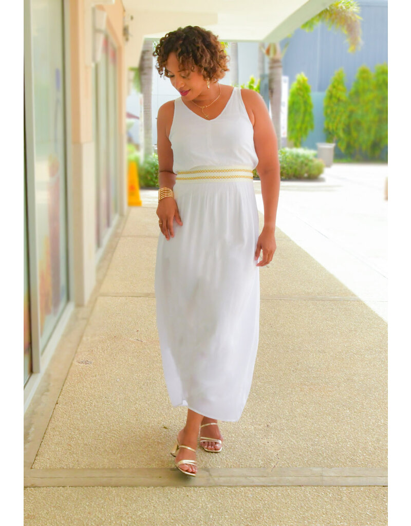 Nina Leonard KITAN- Long Armhole Dress with Embroidered Waist
