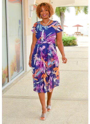 Signature MARIONA- Printed Cap Sleeve Dress with Tie